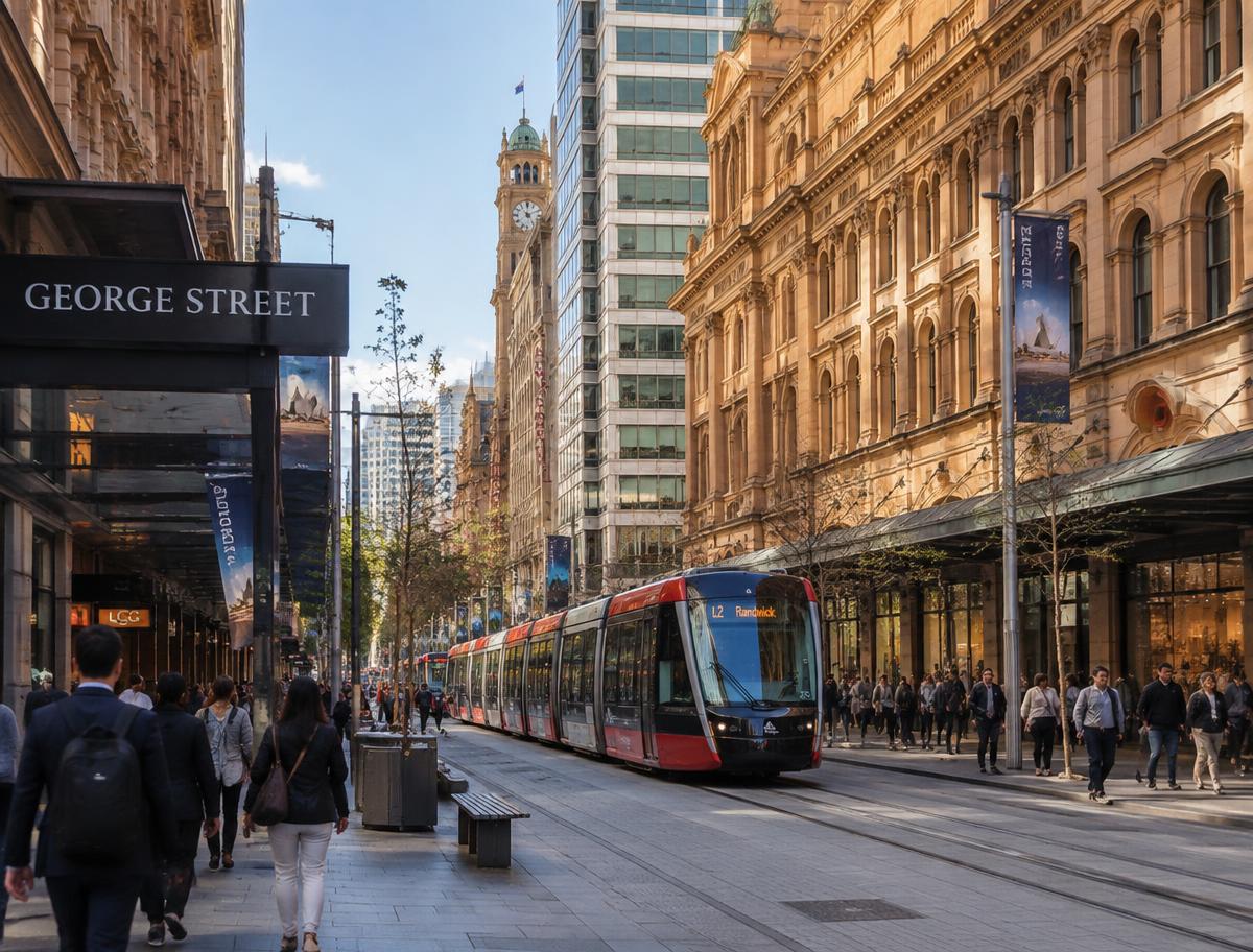 A busy street in Sydney city centre